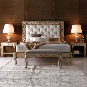 Antiqued-Italian-Button-Upholstered-Bed-With-Ornate-Carvings
