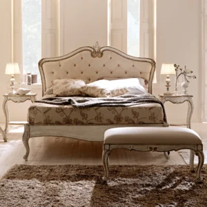 Italian-Antiqued-Gold-Silk-Button-Upholstered-Bed