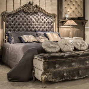Italian-Designer-Ornate-Button-Upholstered-Bed-With-Tall-Headboard