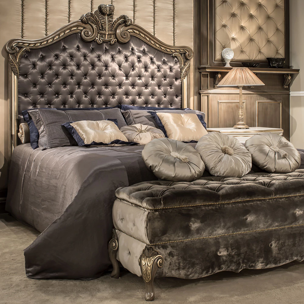 Italian-Designer-Ornate-Button-Upholstered-Bed-With-Tall-Headboard