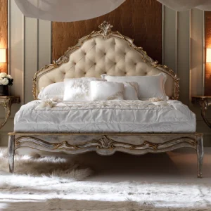 Italian-Silver-Leaf-Rococo-Button-Upholstered-Bed