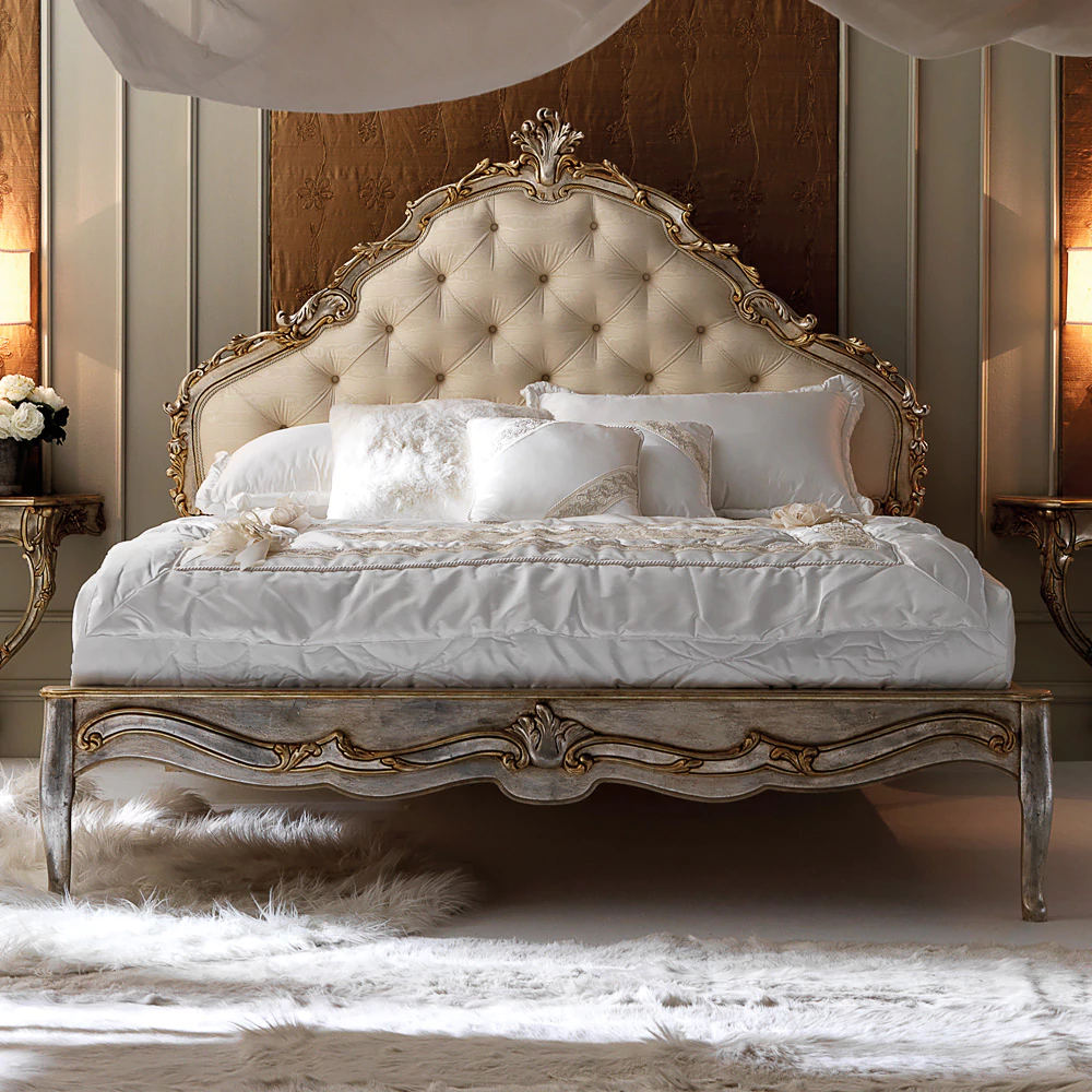 Italian-Silver-Leaf-Rococo-Button-Upholstered-Bed