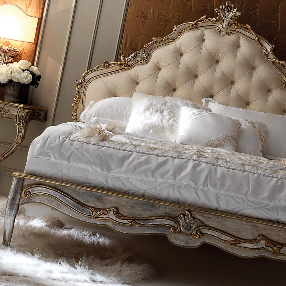 Italian-Silver-Leaf-Rococo-Button-Upholstered-Bed - Image 2