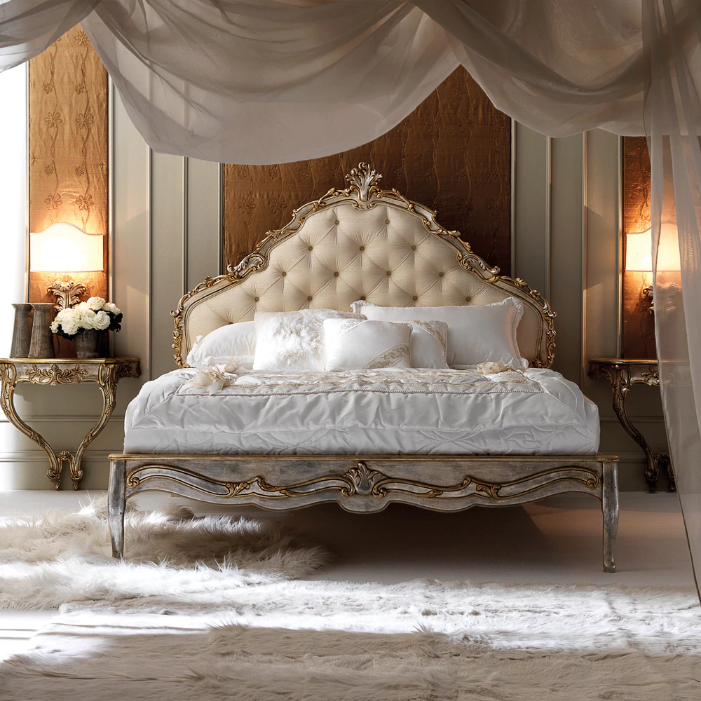 Italian-Silver-Leaf-Rococo-Button-Upholstered-Bed - Image 3