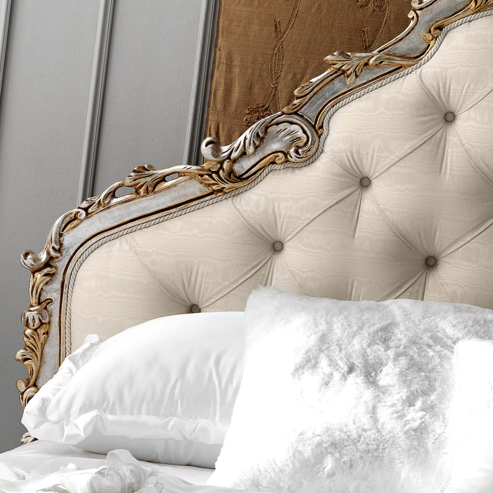 Italian-Silver-Leaf-Rococo-Button-Upholstered-Bed - Image 4