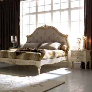 Ornate-Ivory-and-Gold-Italian-Button-Upholstered-Bed