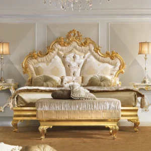 Striking-Rococo-Gold-Leaf-Button-Upholstered-Bed