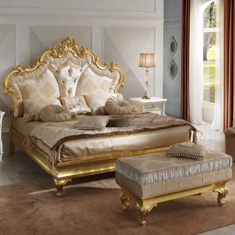 Striking-Rococo-Gold-Leaf-Button-Upholstered-Bed - Image 3