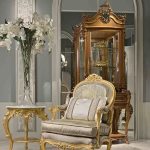 Luxury Hand-Carved Bedroom Chair with Matching Stool – Royal Gold Finish