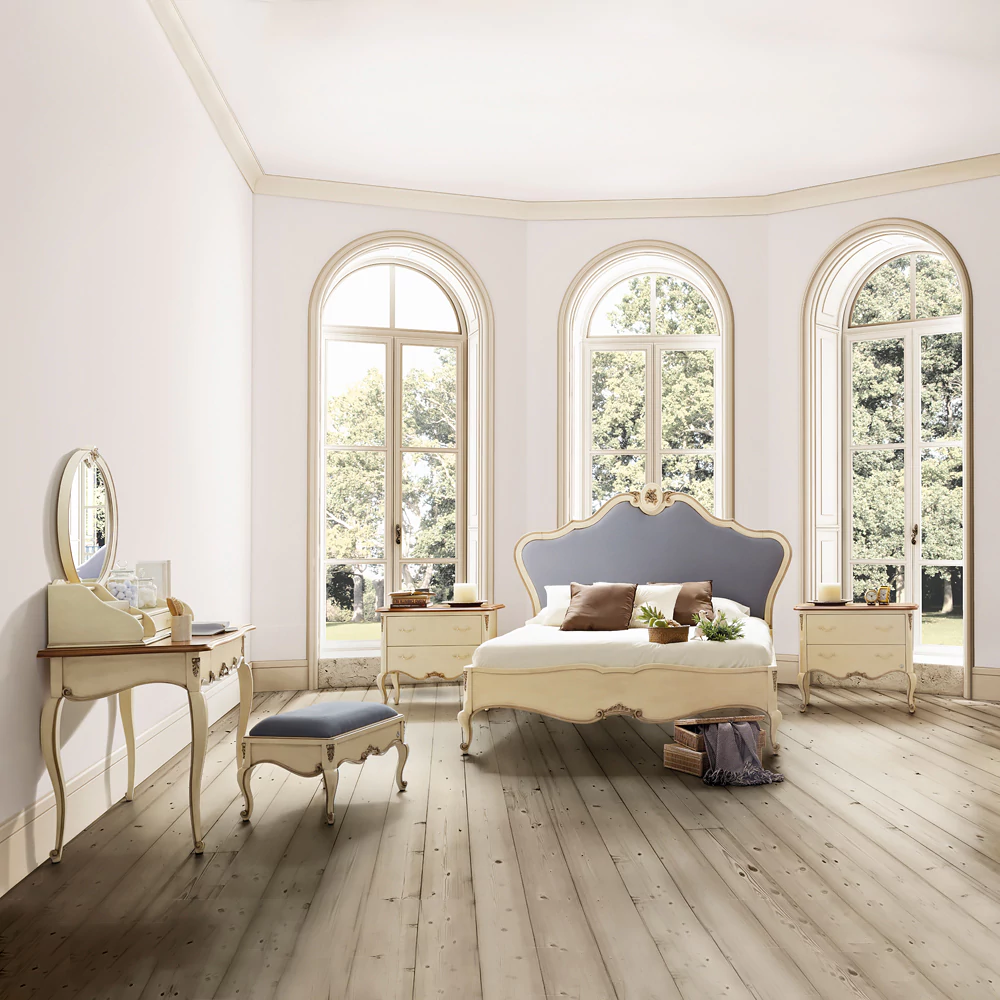 1 Queen-size bed, 2 Bedside tables, 1 Vanity table with mirror and stool, 1 Chest of drawers